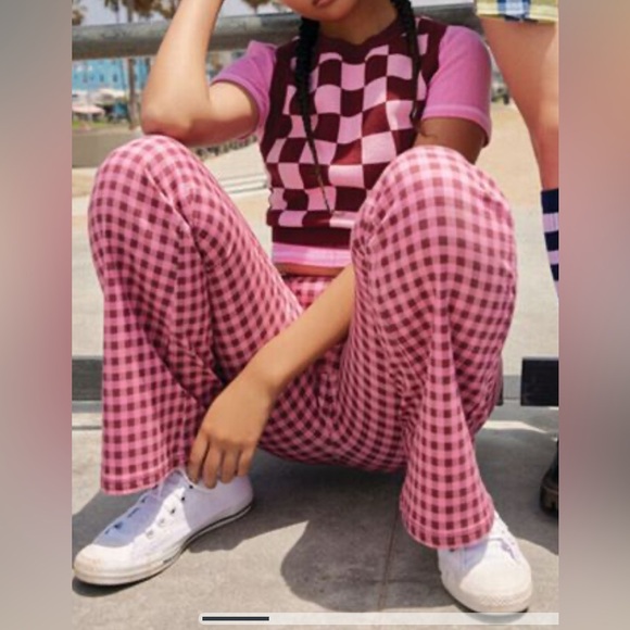 NWT Plaid Pink Gingham Stretchy Flare Low Rise Women's 👖 Pants 💖💫 Medium - Picture 6 of 15